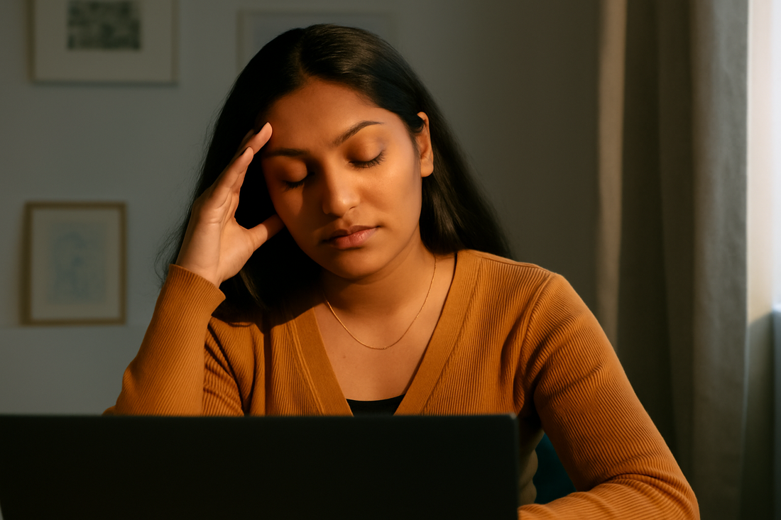 Woman feeling tired at desk despite sleeping 8 hours — causes of constant fatigue