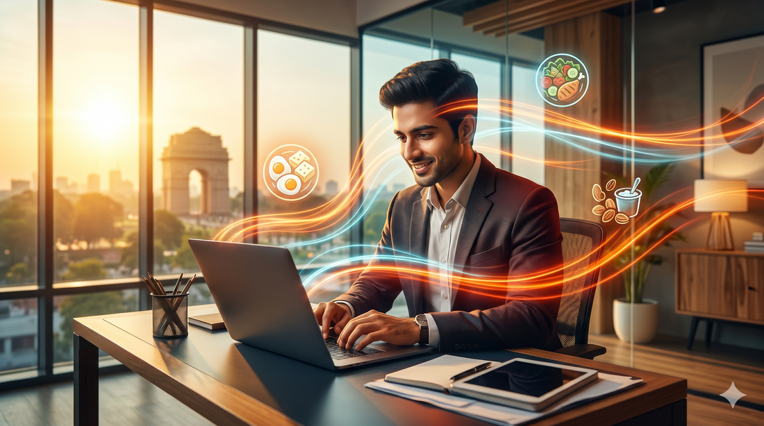 Smiling Indian professional working on a laptop, surrounded by glowing energy lines and healthy meal icons representing all-day focus