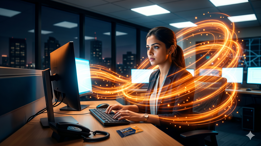 Indian professional maintaining peak alertness and focus during a night shift, represented by glowing orange energy waves in a dark office setting, demonstrating the benefits of strategic caffeine use.