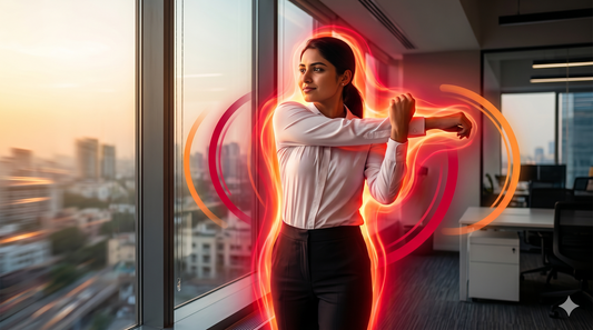 Energized Indian professional stretching by a window, surrounded by glowing red energy waves representing restored vitality