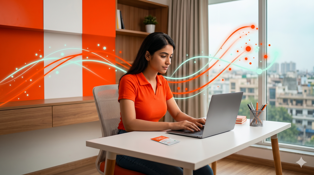 A young Indian woman deeply focused on her laptop at a clean white desk in a modern, sunlit room. Glowing orange and green abstract wave lines flow around her, symbolizing calm energy and mental clarity.