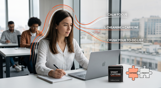 A professional woman working at a laptop in a bright, modern office. A box of Smart Caffeine is on the desk. Graphical overlays show puzzle pieces labeled 'Caffeine' and 'L-Theanine' merging into text that reads 'Calm Focus' and 'Crush Your To-Do List.'