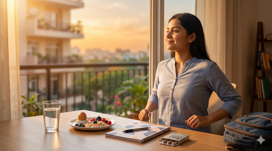 Indian student executing an optimal exam day morning routine. She sits calmly in the morning light with a brain-boosting breakfast, hydration, and her Smart Caffeine supplement, prepared for peak cognitive performance and a jitter-free test day.