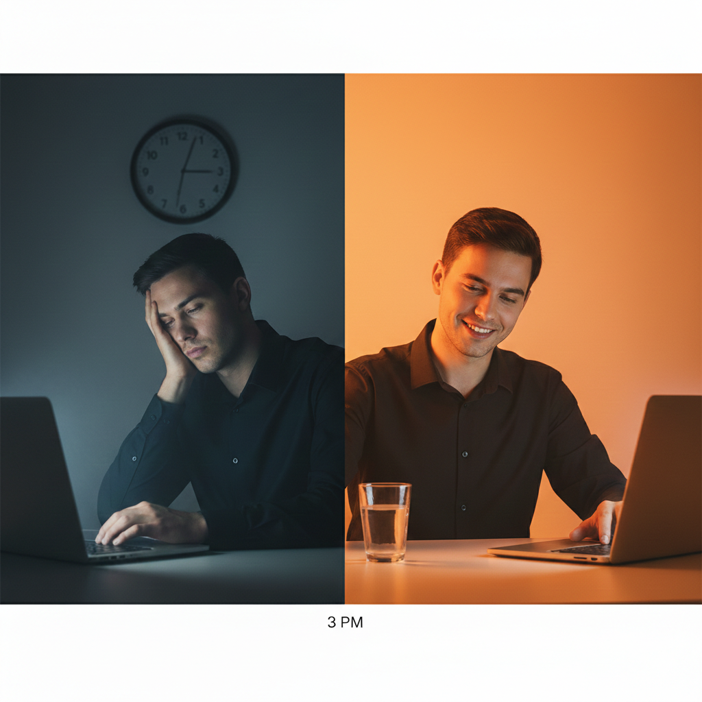 Person experiencing afternoon energy crash at desk at 3 PM with clock showing the time