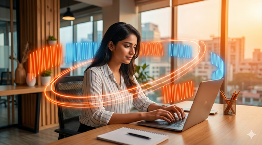 Indian professional using the Pomodoro Technique to maintain calm focus and high energy while working on a laptop, visualized by glowing orange and blue time interval rings in a modern workspace