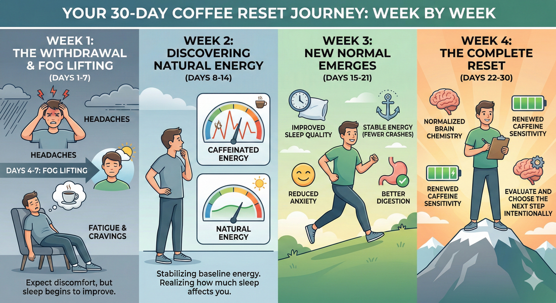 Depicts a man suffering from a headache under a rain cloud, followed by a transition to a sunnier state. Text highlights "Headaches," "Fatigue & Cravings," and notes that sleep begins to improve.
