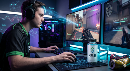 Smart Caffeine lemon flavor tub and single mouth-melt sachet featuring a blend of natural caffeine and L-theanine for productive energy.