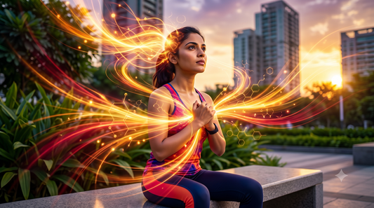 Focused Indian woman in workout clothes sitting in a city park at sunset, surrounded by swirling glowing golden and orange light trails containing hexagonal molecular structures, looking vital and determined.