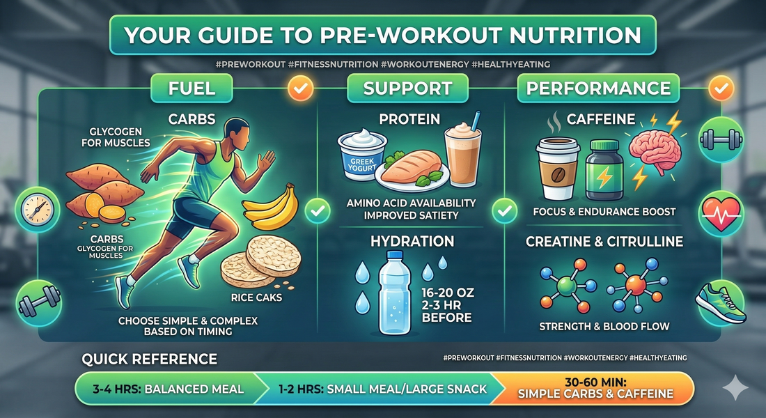 The PERFORMANCE column covers "CAFFEINE" with images of a coffee cup, supplement bottle, and a brain with energy bolts, and "CREATINE & CITRULLINE" with molecular structures. Text mentions "FOCUS & ENDURANCE BOOST" and "STRENGTH & BLOOD FLOW."