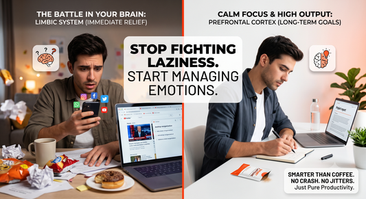 Side-by-side comparison of a distracted man at a cluttered desk versus a calm, focused man working productively with Smart Caffeine. The central headline reads, "Stop fighting laziness. Start managing emotions."