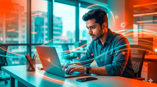 A young Indian male professional typing intensely on a laptop at a modern office desk. Vibrant orange and teal glowing lines swirl around him, representing a state of deep focus and flow