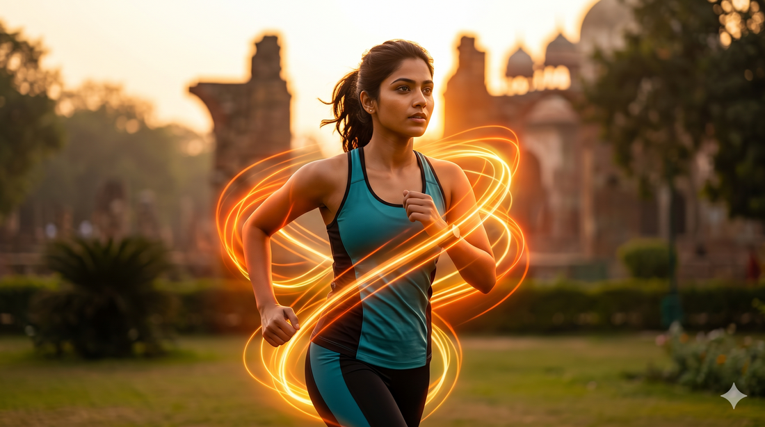 Active Indian woman jogging at sunrise, surrounded by glowing orange energy waves with historic Delhi architecture in the background.