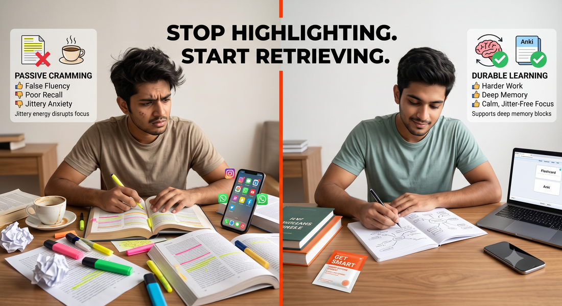 Split-screen comparison of a stressed student doing passive cramming with coffee versus a calm, focused student using active recall, spaced repetition, and Get Smart caffeine for durable learning.