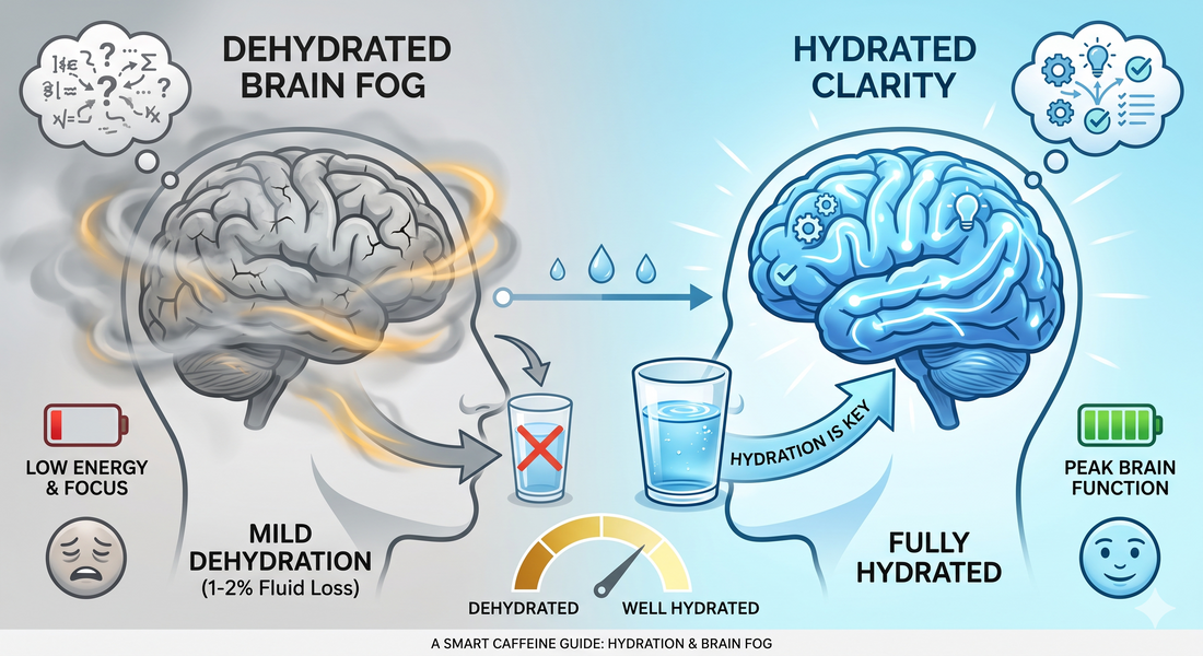 Smart Caffeine infographic comparing dehydrated brain fog with low energy to hydrated clarity with peak brain function, highlighting the impact of water on focus.