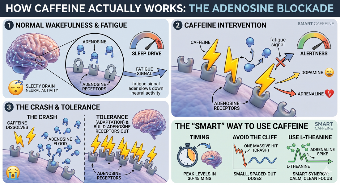 An infographic explaining the science of caffeine and adenosine. It illustrates how caffeine blocks fatigue signals in the brain, what causes a crash or tolerance, and how combining caffeine with L-theanine provides sustained, jitter-free energy.