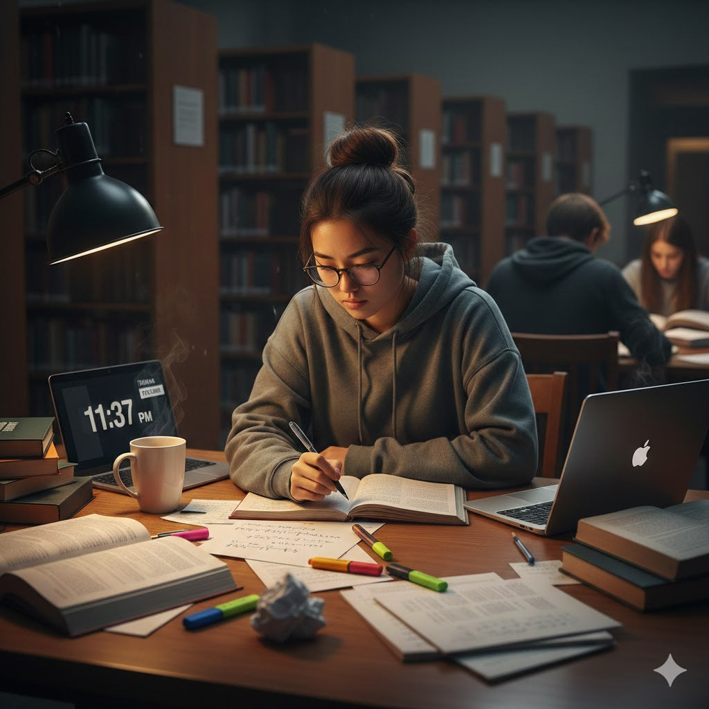 Female student studying late at a library desk with books, laptop, and coffee cup to stay alert during long study sessions