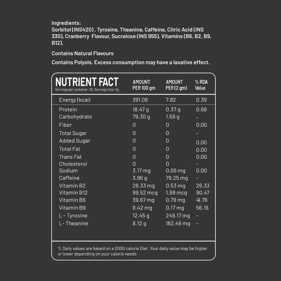 Smart Caffeine Cranberry flavour - nutrition facts label with ingredients