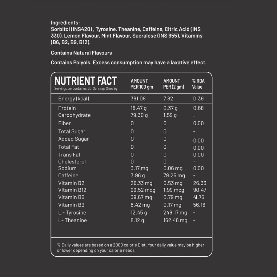Smart Caffeine Lemon flavour - nutrition facts label with ingredients