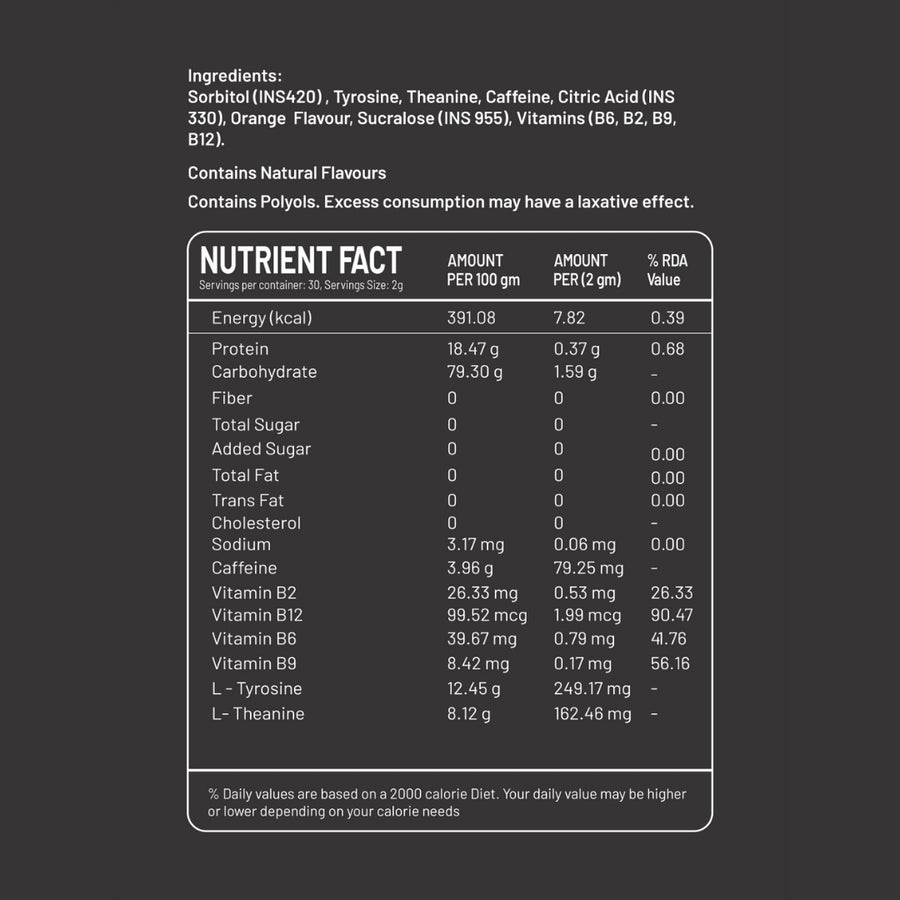 Smart Caffeine Orange flavour - nutrition facts label with ingredients