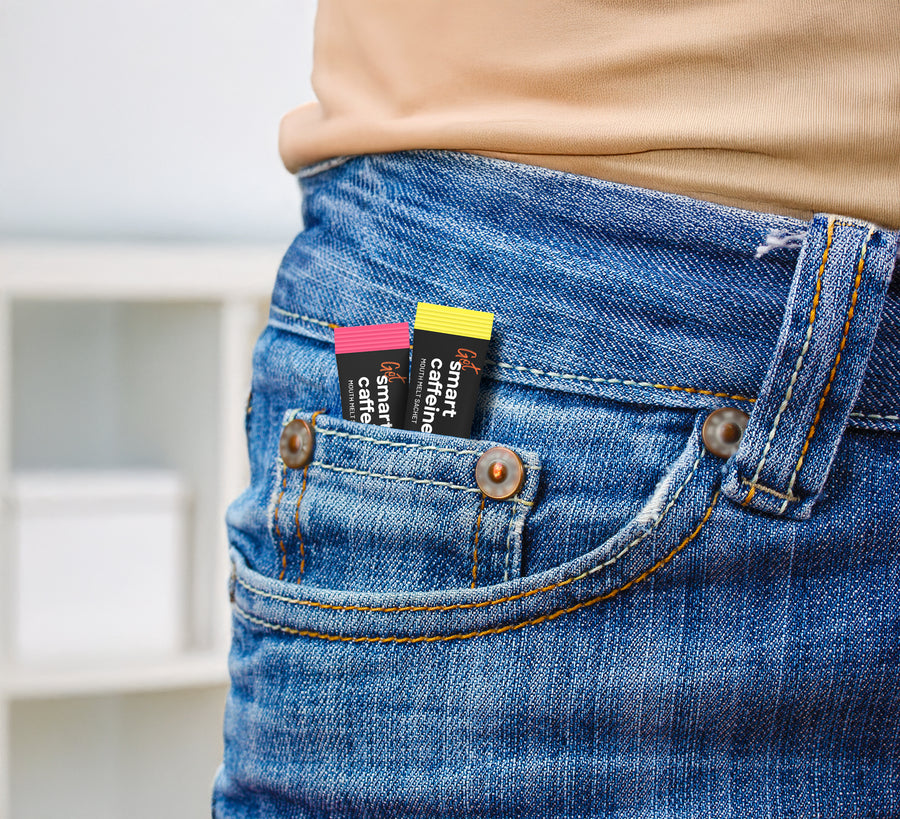 Smart Caffeine sachets in jeans pocket - portable nootropic caffeine supplement on the go
