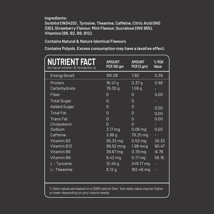 Smart Caffeine Strawberry flavour - nutrition facts label with ingredients