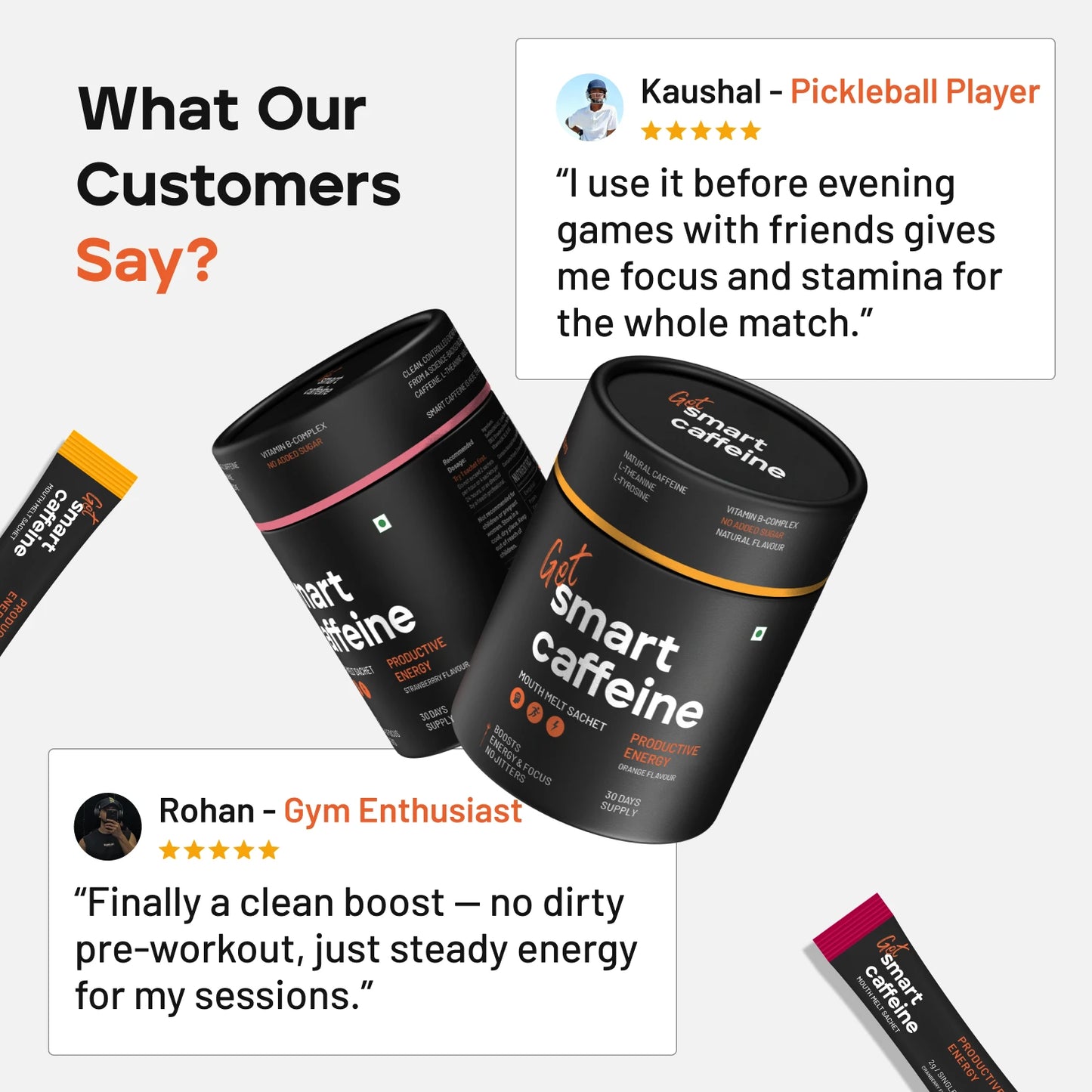 Smart Caffeine product packaging with customer testimonials on a light gray background