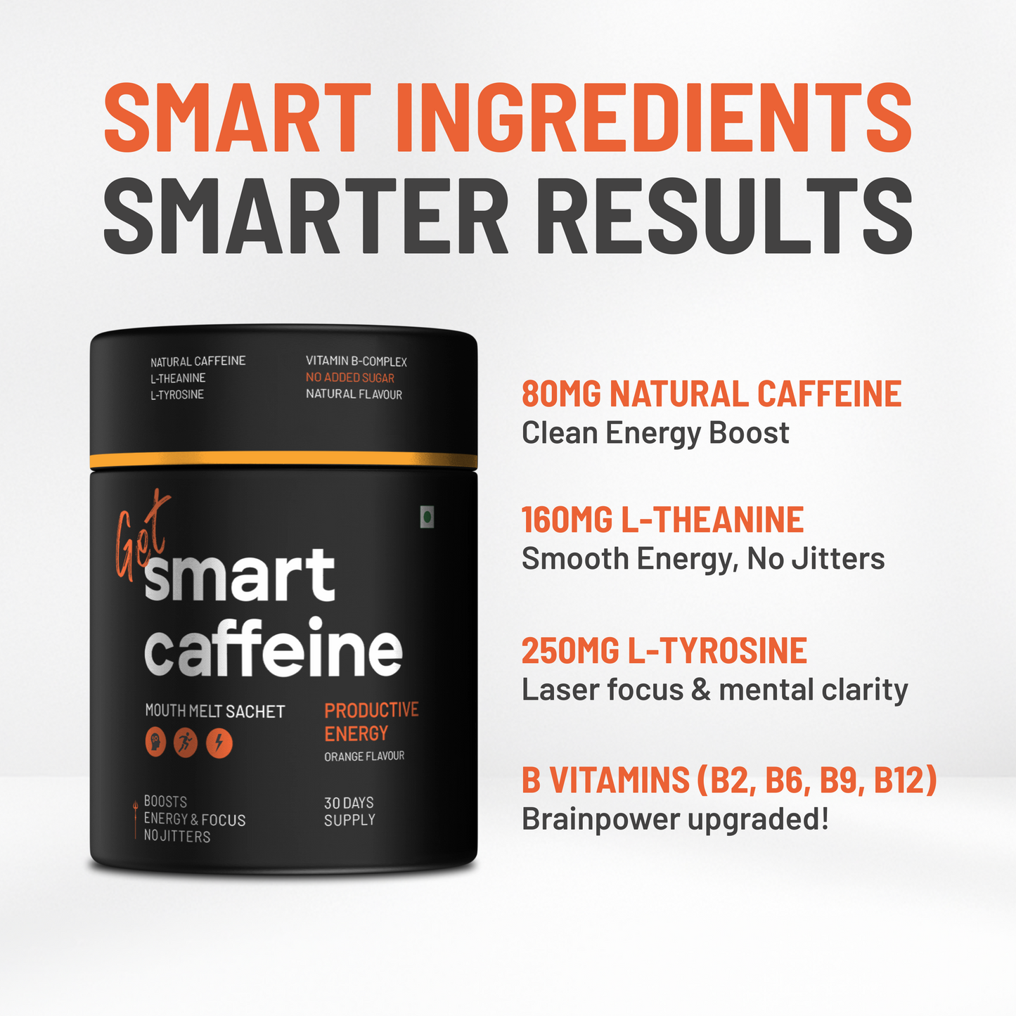 Smart Caffeine ingredients - 80mg natural caffeine, 160mg L-Theanine, 250mg L-Tyrosine, B vitamins for focus