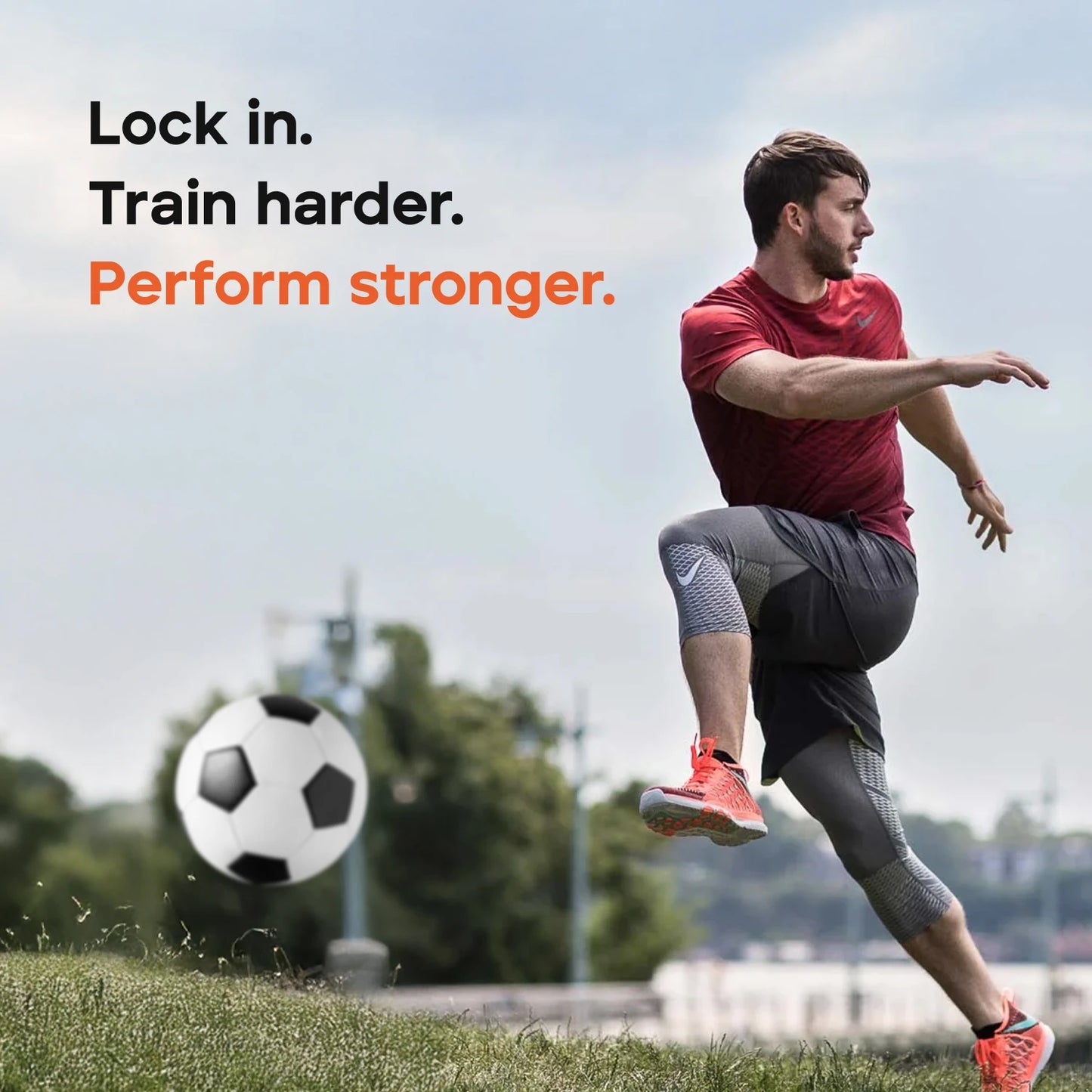 Man kicking a soccer ball on a field with motivational text above him.