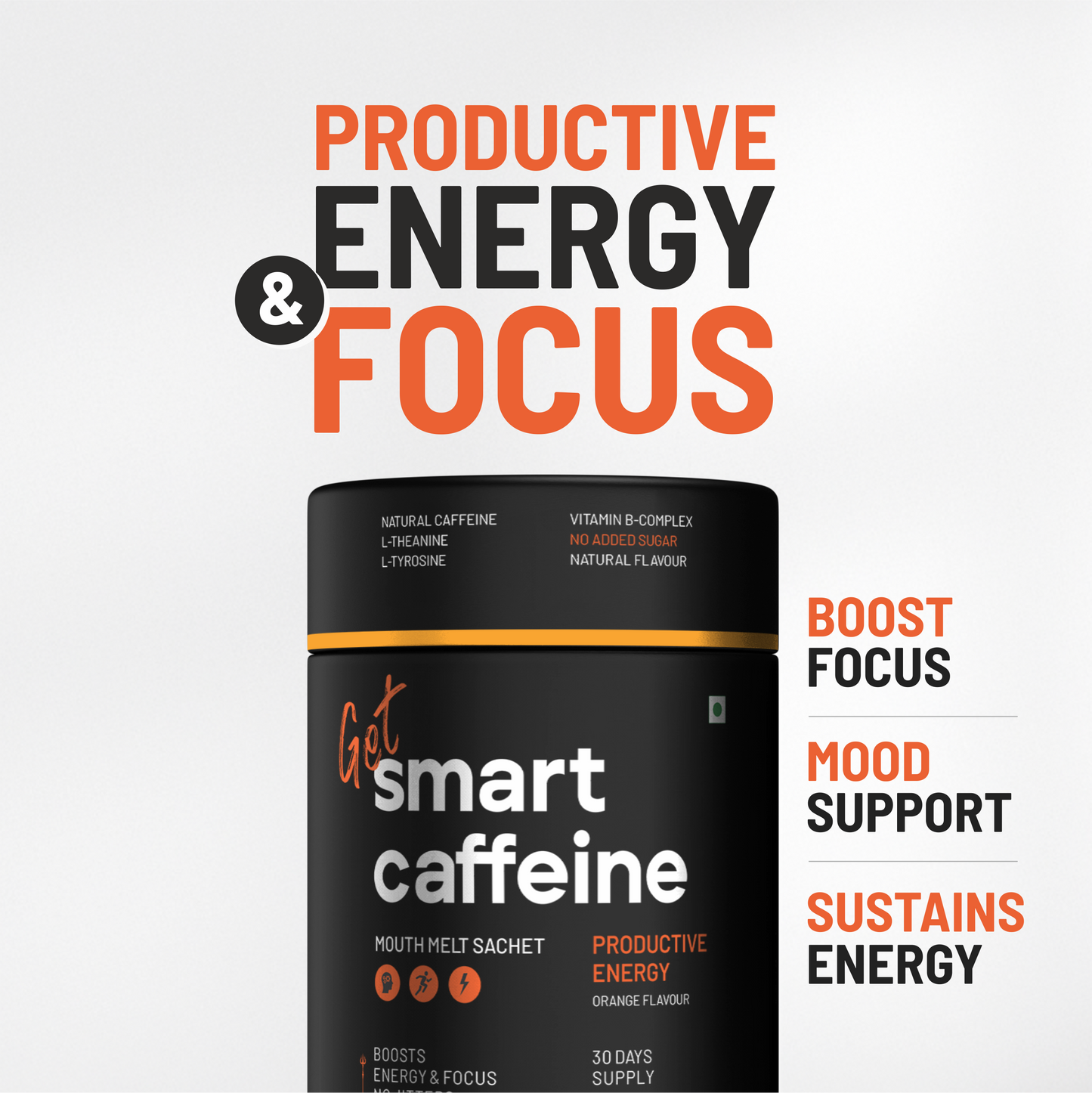 Smart Caffeine nootropic supplement tub - Productive Energy flavour, boosts focus, mood support and sustained energy with natural caffeine