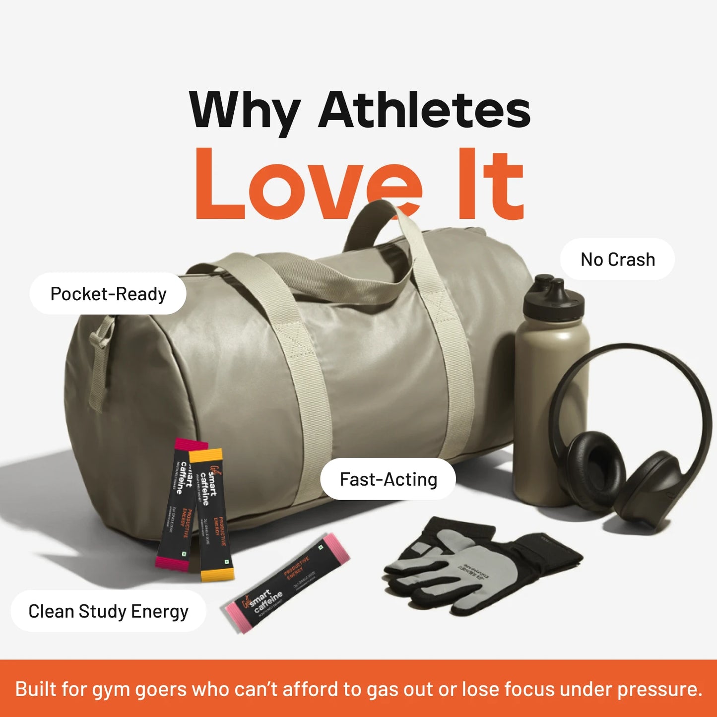 Beige duffel bag with athletic gear and text highlighting features on a white background