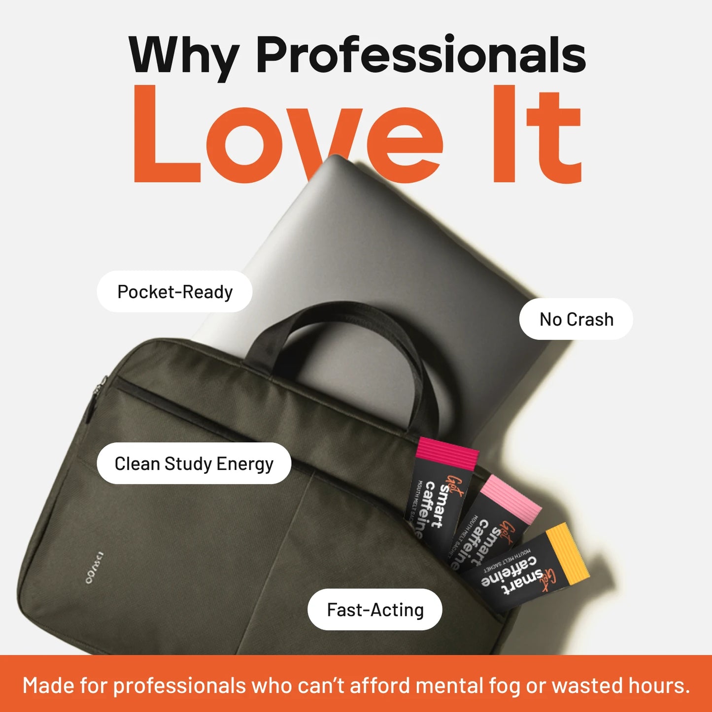 Black bag with energy bars on a white background, featuring text about professionals loving it.